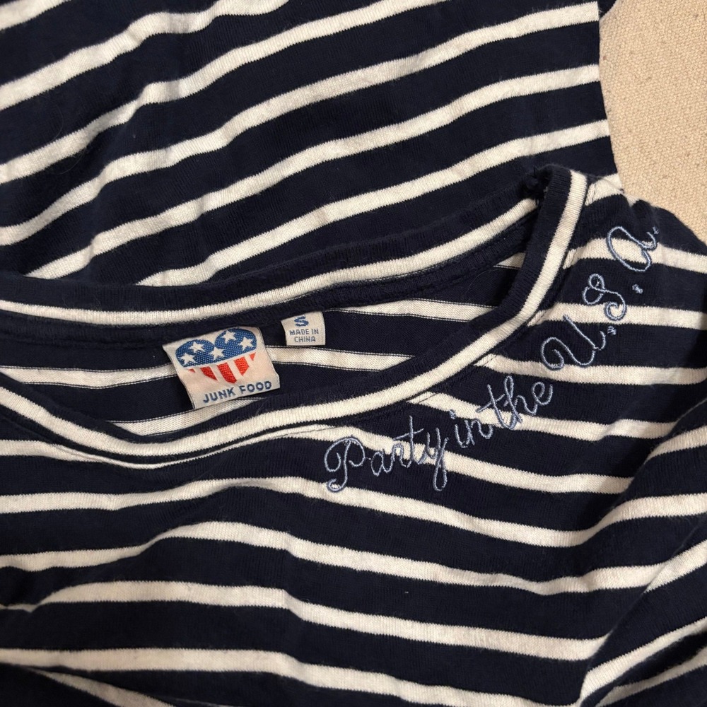 Junk‎ Food Party in the USA Embroidered Striped T-Shirt Dress Navy White Small
